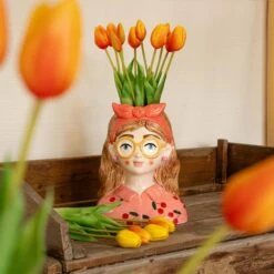 Vase Jessie Bow + 10x Real Touch Tulip Orange